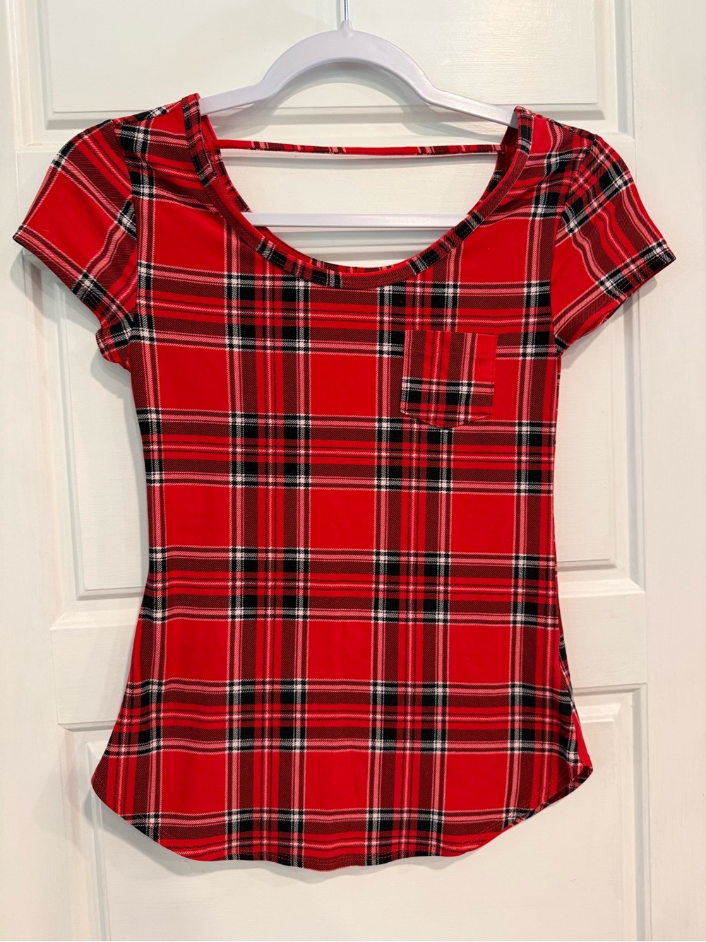 No Boundaries Red Plaid Top Small 3-5 Scoop Neck Stretch Pocket Y2K Grunge